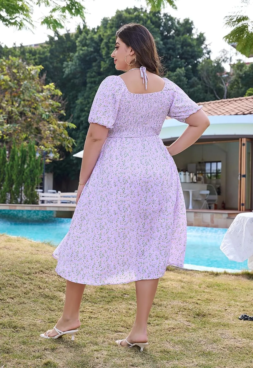 Keluummi Plus Size Wedding Guest Midi Dresses for Curvy Women, Summer Floral Casual Smocked Dress