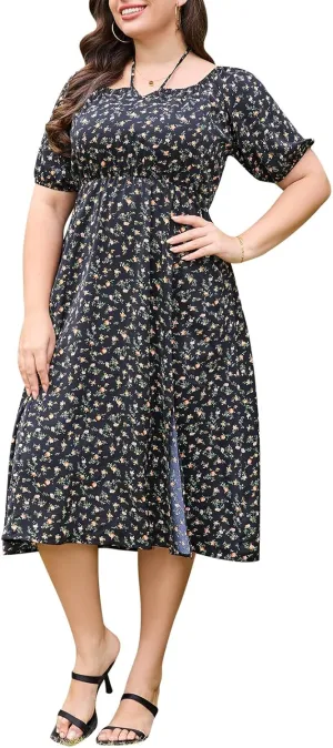 Keluummi Plus Size Wedding Guest Midi Dresses for Curvy Women, Summer Floral Casual Smocked Dress