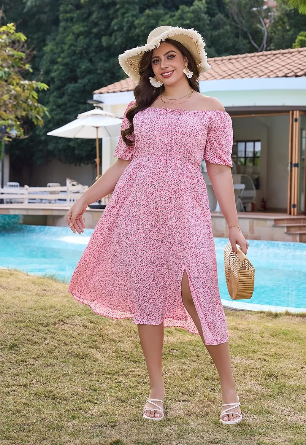 Keluummi Plus Size Wedding Guest Midi Dresses for Curvy Women, Summer Floral Casual Smocked Dress