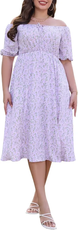 Keluummi Plus Size Wedding Guest Midi Dresses for Curvy Women, Summer Floral Casual Smocked Dress