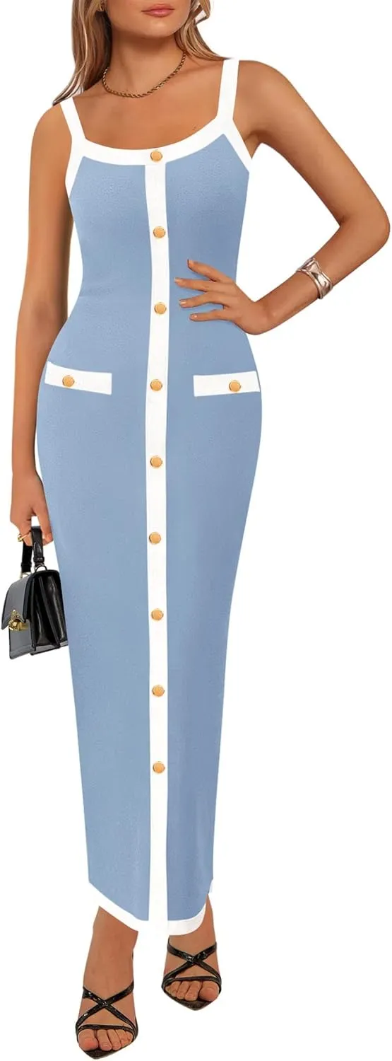 KIRUNDO Women's Semi Formal Business Casual Midi Dress 2025 Spring Summer Knit Color Block Button Work Office Dresses