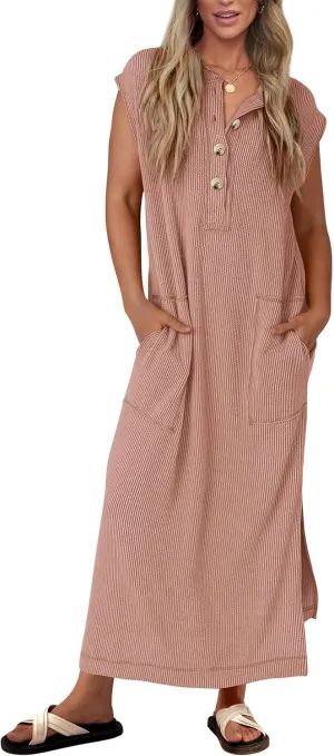 KIRUNDO Womens Summer Dresses Ribbed Knit Henley Short Sleeve Maxi Dress Button Up Loose Slit Beach Vacation Sundress