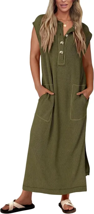 KIRUNDO Womens Summer Dresses Ribbed Knit Henley Short Sleeve Maxi Dress Button Up Loose Slit Beach Vacation Sundress