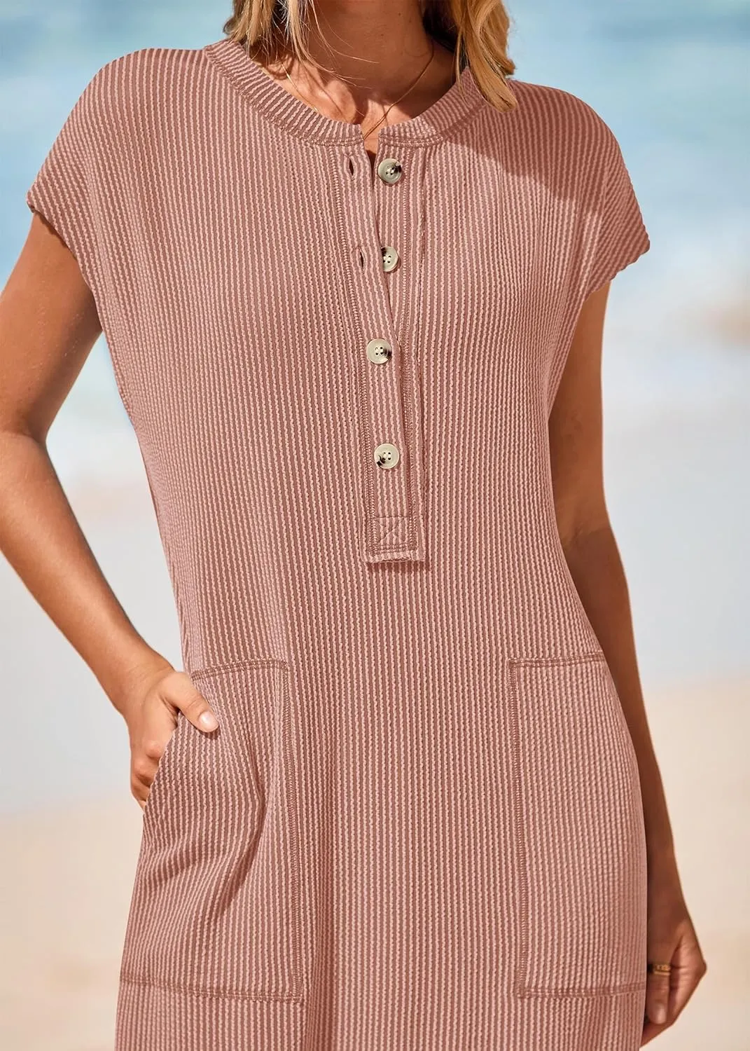 KIRUNDO Womens Summer Dresses Ribbed Knit Henley Short Sleeve Maxi Dress Button Up Loose Slit Beach Vacation Sundress