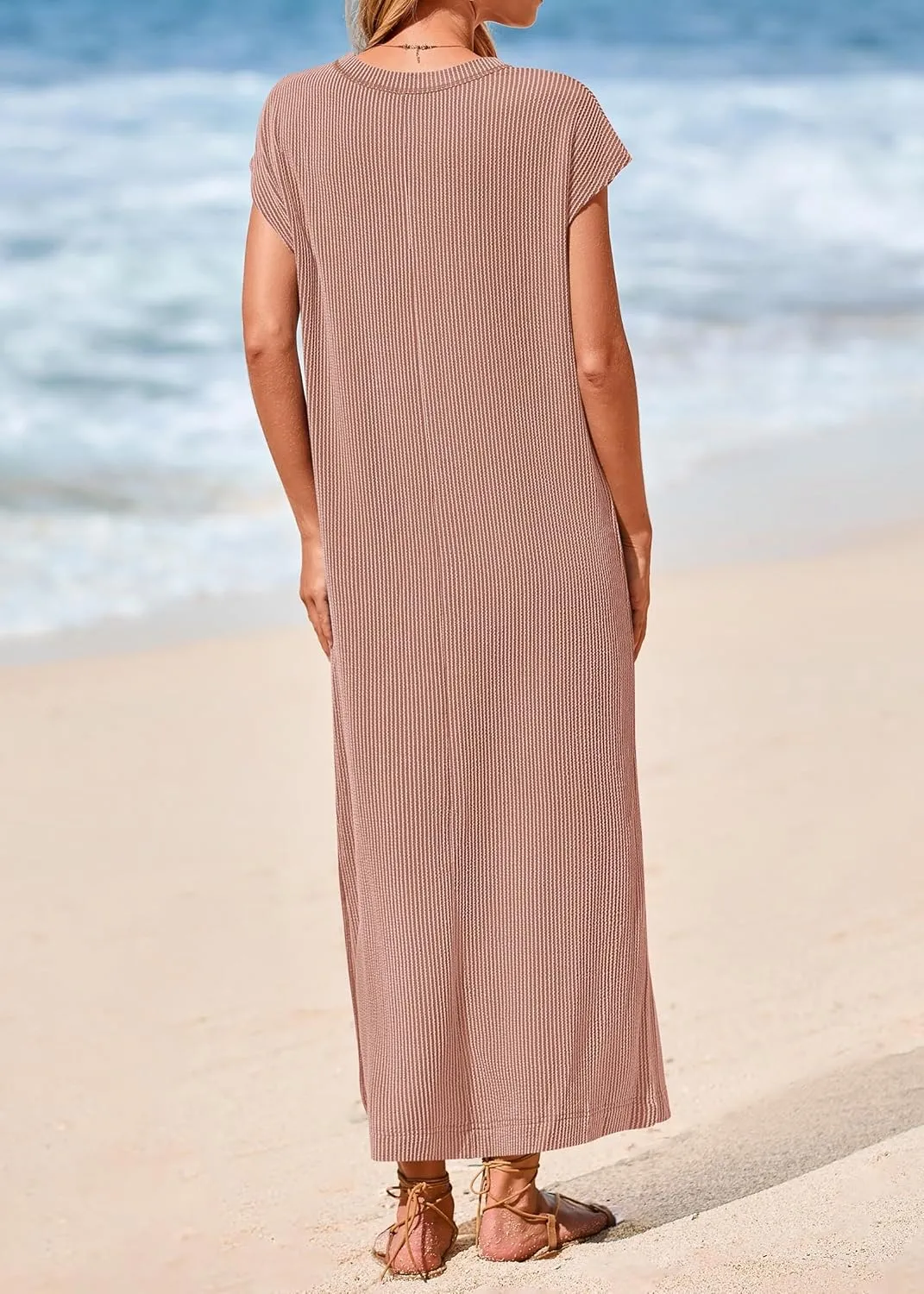 KIRUNDO Womens Summer Dresses Ribbed Knit Henley Short Sleeve Maxi Dress Button Up Loose Slit Beach Vacation Sundress