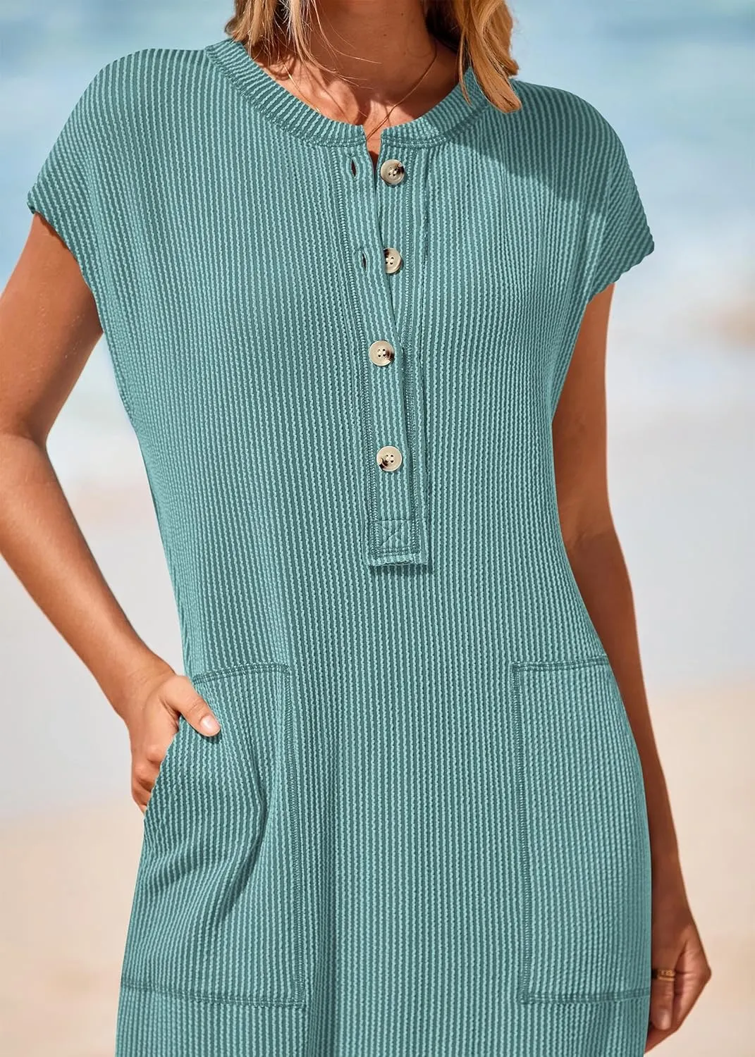 KIRUNDO Womens Summer Dresses Ribbed Knit Henley Short Sleeve Maxi Dress Button Up Loose Slit Beach Vacation Sundress