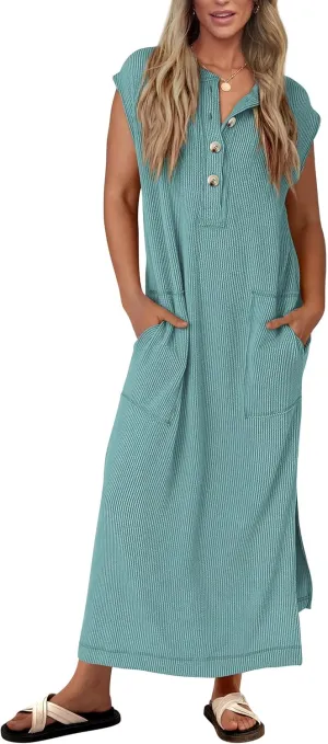 KIRUNDO Womens Summer Dresses Ribbed Knit Henley Short Sleeve Maxi Dress Button Up Loose Slit Beach Vacation Sundress