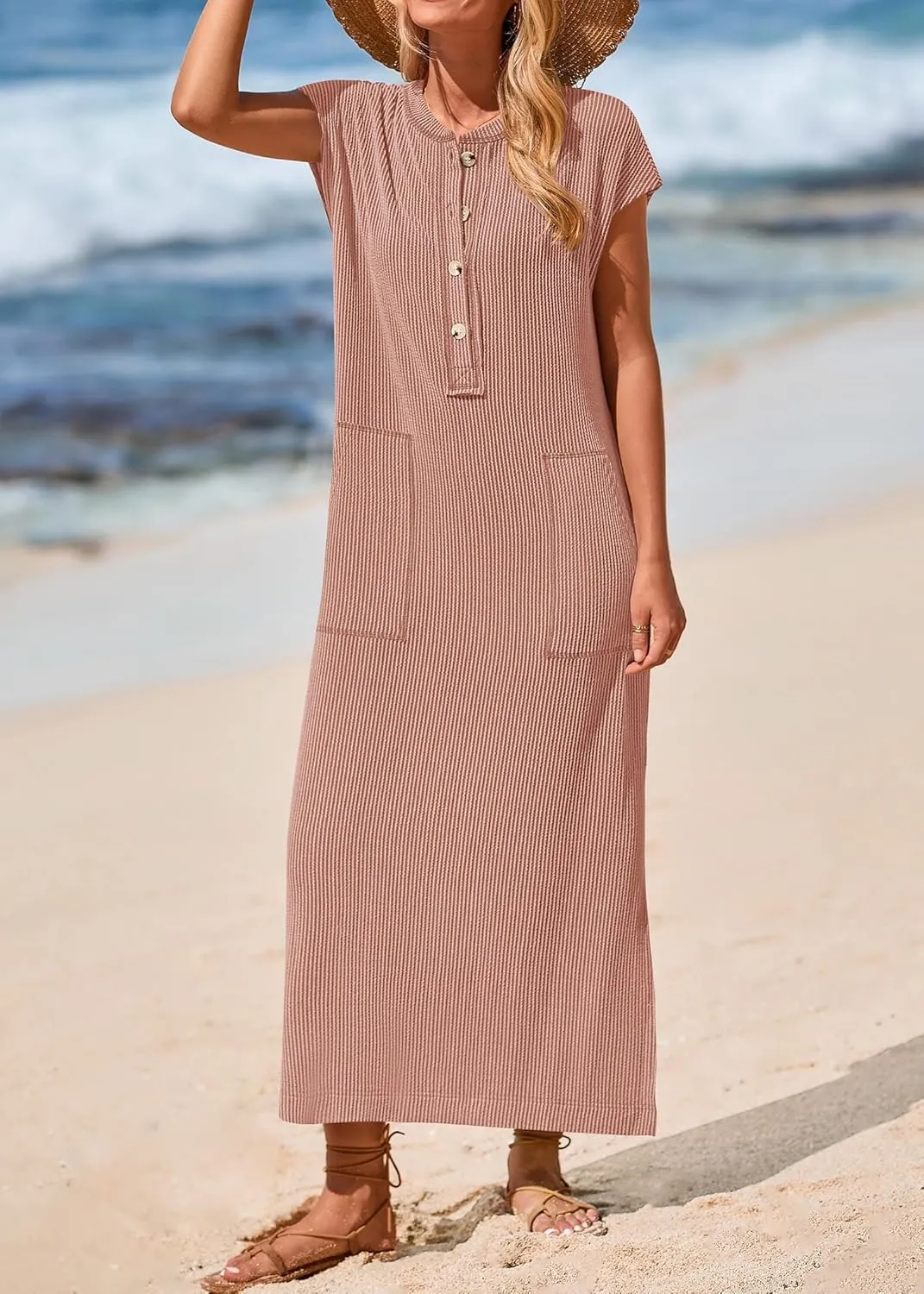 KIRUNDO Womens Summer Dresses Ribbed Knit Henley Short Sleeve Maxi Dress Button Up Loose Slit Beach Vacation Sundress