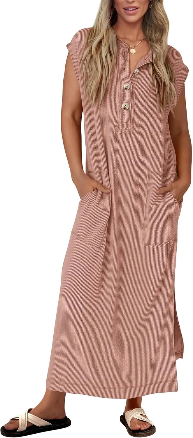 KIRUNDO Womens Summer Dresses Ribbed Knit Henley Short Sleeve Maxi Dress Button Up Loose Slit Beach Vacation Sundress