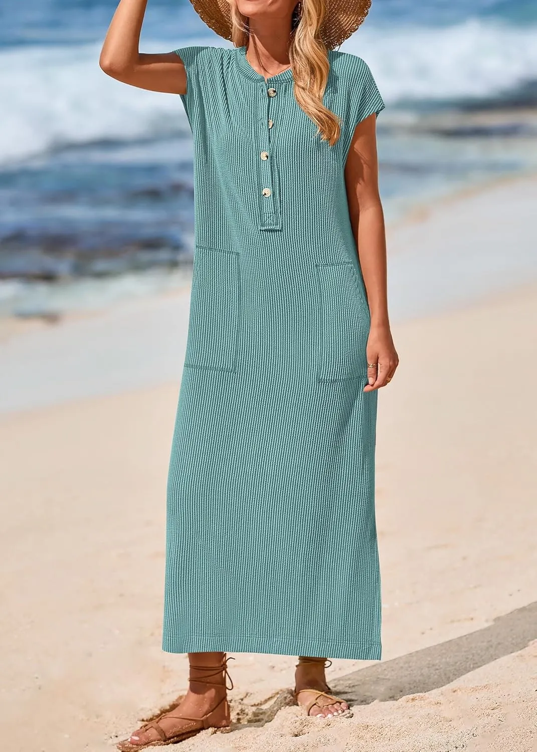 KIRUNDO Womens Summer Dresses Ribbed Knit Henley Short Sleeve Maxi Dress Button Up Loose Slit Beach Vacation Sundress