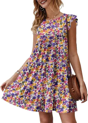 KIRUNDO Women's Summer Dresses Sleeveless Ruffle Sleeve Round Neck Solid Loose Short Flowy Pleated Mini Babydoll Dress