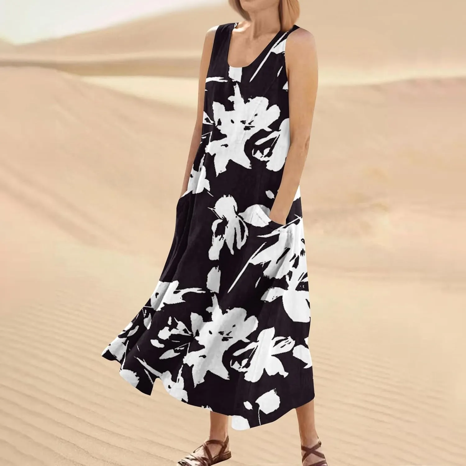 KUIOLYPOER Women Summer Dresses 2025 Casual Button V Neck Pocket Holiday Dress Floral Sundress Boho Beach Dress