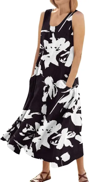 KUIOLYPOER Women Summer Dresses 2025 Casual Button V Neck Pocket Holiday Dress Floral Sundress Boho Beach Dress