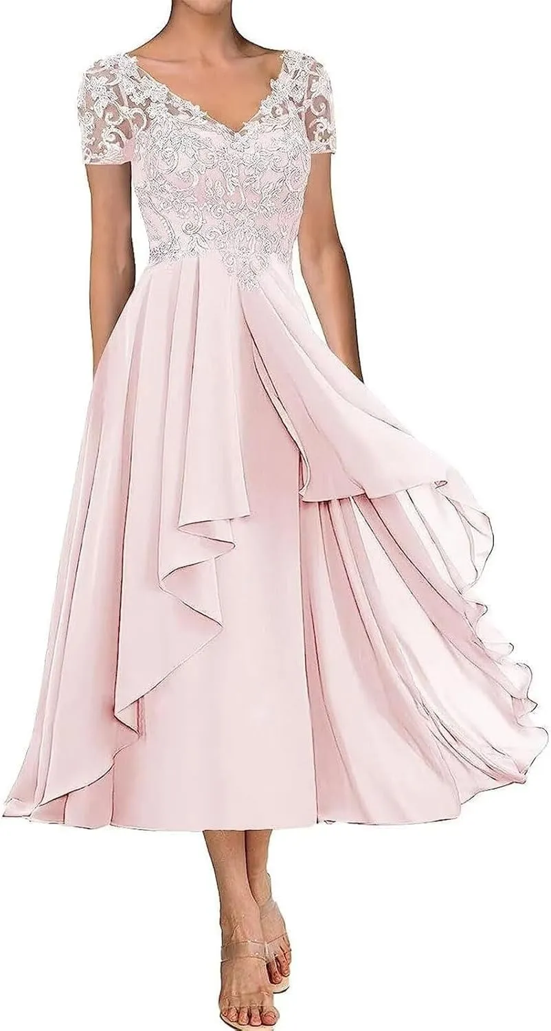 Lace Applique Mother of The Bride Dress for Wedding Short Sleeves Chiffon Formal Party Gown for Women Tea Length RO45