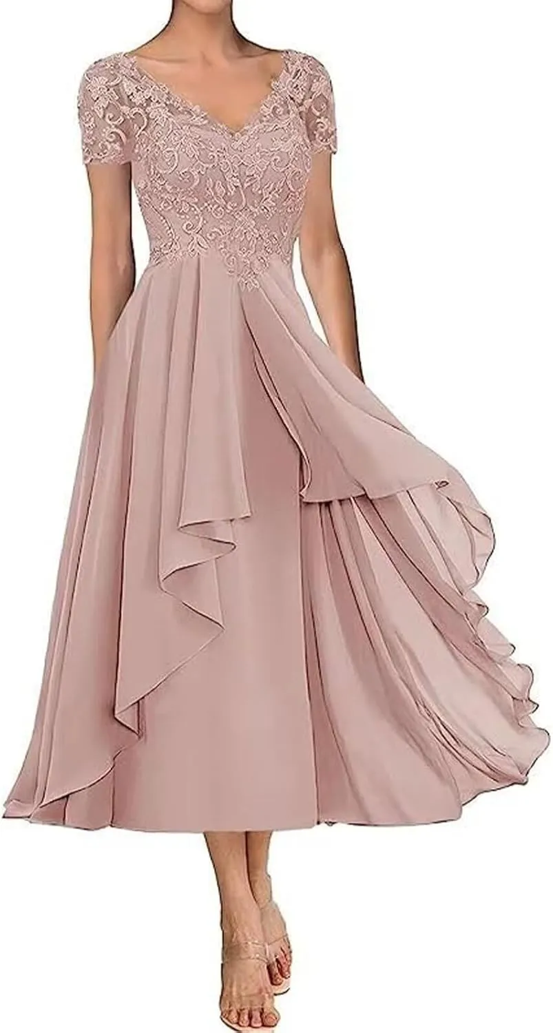 Lace Applique Mother of The Bride Dress for Wedding Short Sleeves Chiffon Formal Party Gown for Women Tea Length RO45