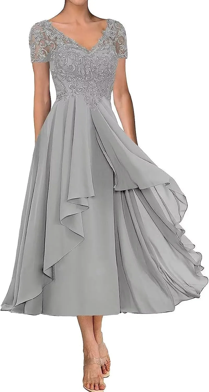 Lace Applique Mother of The Bride Dress for Wedding Short Sleeves Chiffon Formal Party Gown for Women Tea Length RO45