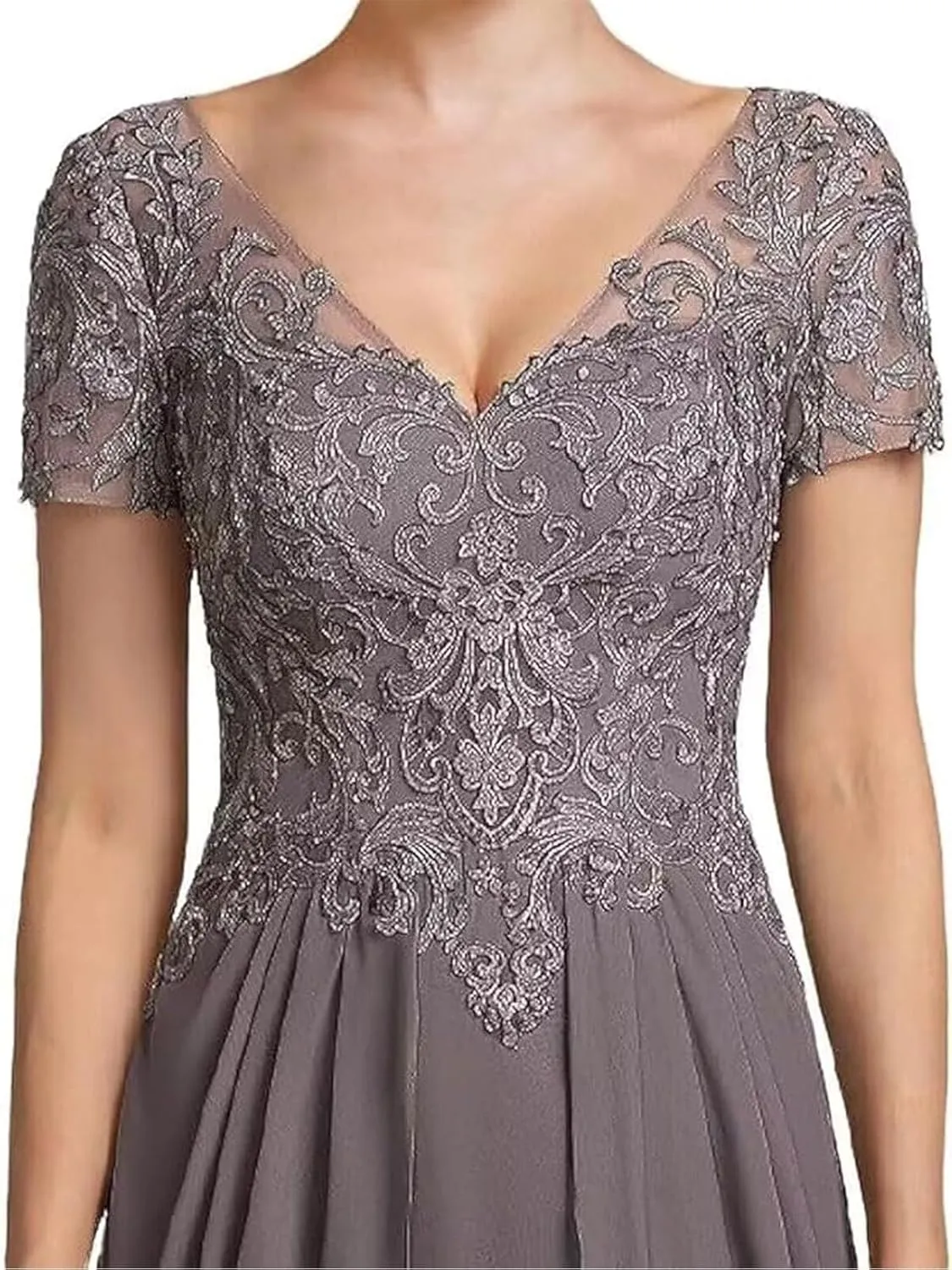 Lace Applique Mother of The Bride Dress for Wedding Short Sleeves Chiffon Formal Party Gown for Women Tea Length RO45