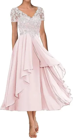 Lace Applique Mother of The Bride Dress for Wedding Short Sleeves Chiffon Formal Party Gown for Women Tea Length RO45