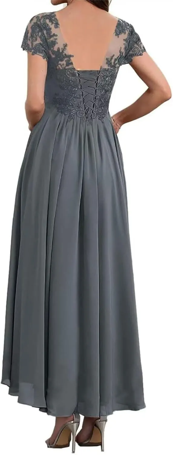 Lace Applique Mother of The Bride Dress for Wedding Short Sleeves Chiffon Formal Party Gown for Women Tea Length RO45