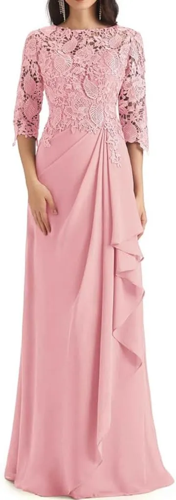 Lace Appliques Mother of The Bride Dresses for Wedding Ruffles Long Chiffon Formal Evening Gowns with Sleeves