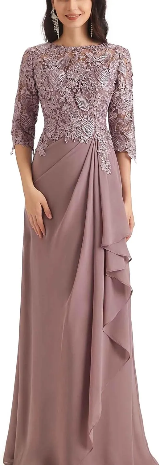 Lace Appliques Mother of The Bride Dresses for Wedding Ruffles Long Chiffon Formal Evening Gowns with Sleeves
