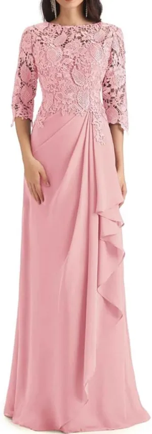 Lace Appliques Mother of The Bride Dresses for Wedding Ruffles Long Chiffon Formal Evening Gowns with Sleeves