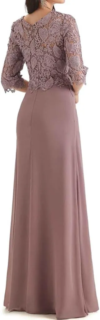 Lace Appliques Mother of The Bride Dresses for Wedding Ruffles Long Chiffon Formal Evening Gowns with Sleeves