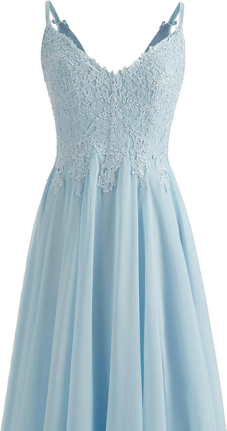 Lace Bridesmaid Dresses for Wedding with Slit Spaghetti Straps Chiffon Aline Formal Evening Party Gowns