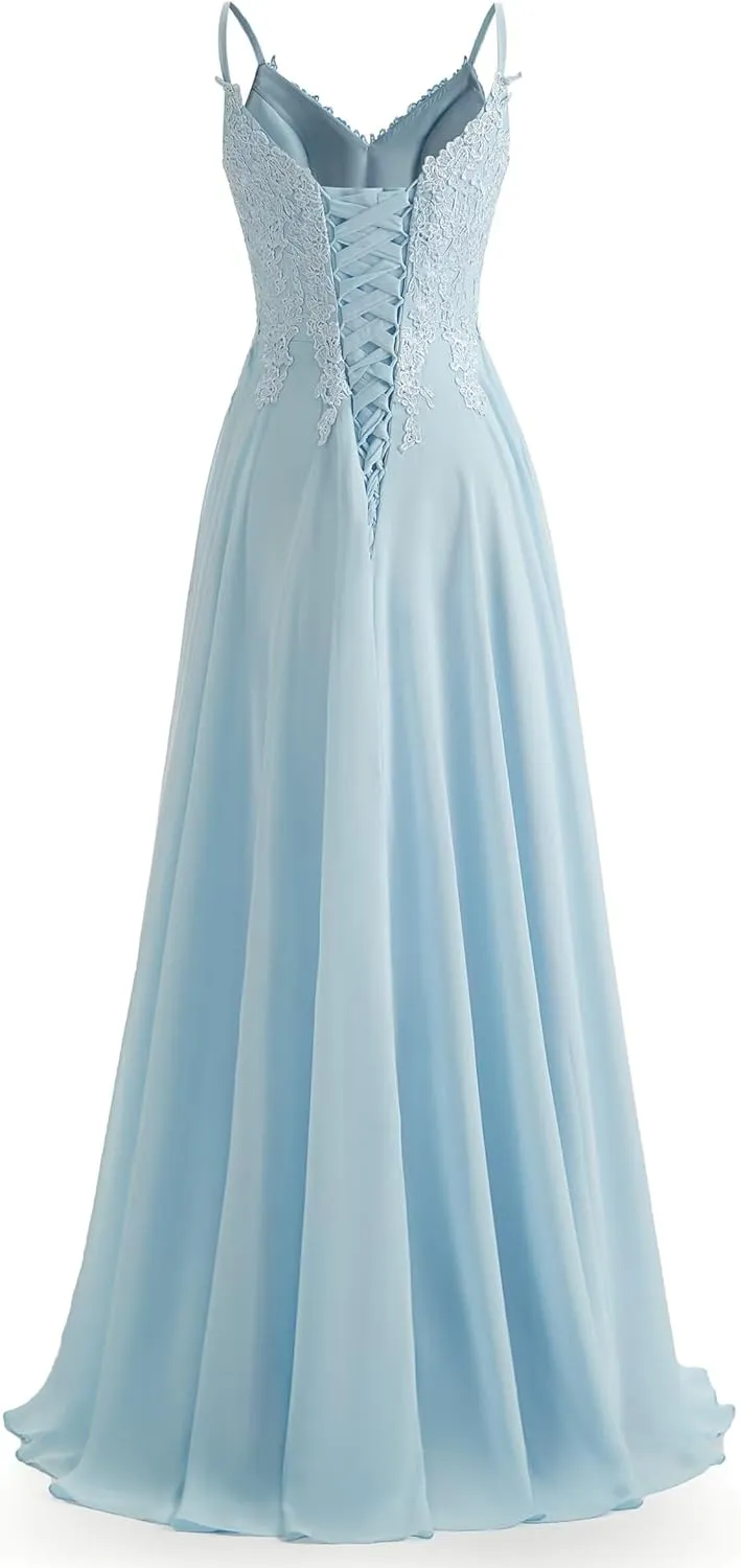Lace Bridesmaid Dresses for Wedding with Slit Spaghetti Straps Chiffon Aline Formal Evening Party Gowns