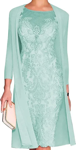 Lace Mother of The Bride Dresses Knee Length Wedding Guest Dress with Sleeves Crew Neck Bodycon Formal Evening Gown