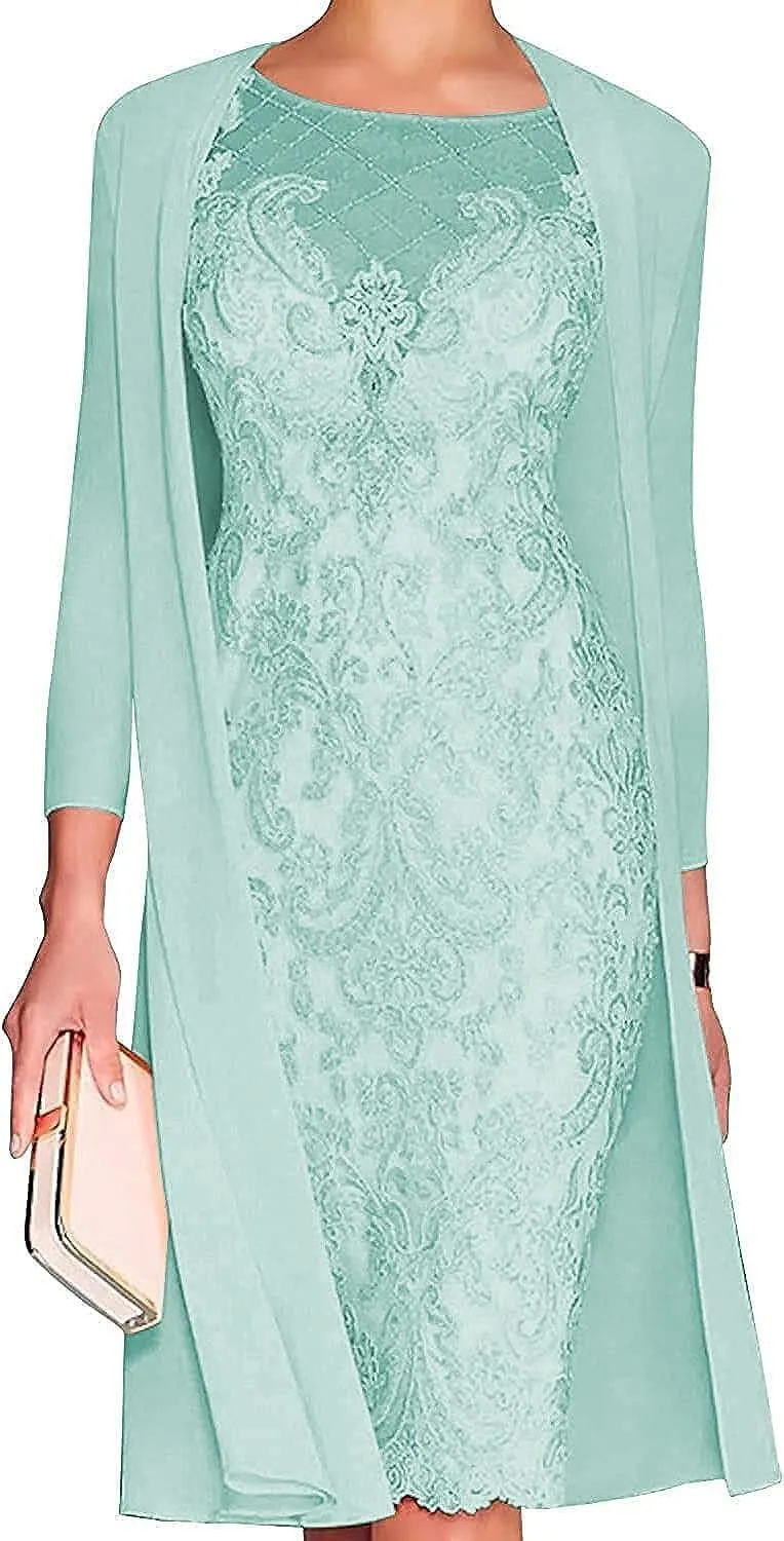 Lace Mother of The Bride Dresses Knee Length Wedding Guest Dress with Sleeves Crew Neck Bodycon Formal Evening Gown