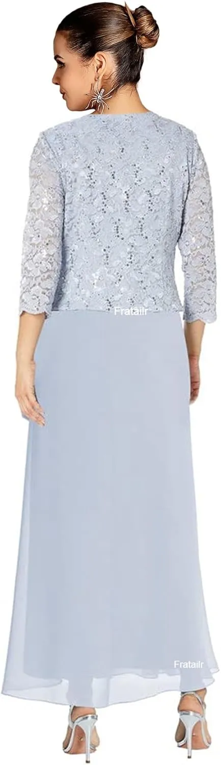 Lace Mother of The Bride Dresses with Jacket 2 Pieces Formal Evening Dress Long Chiffon Evening Gown