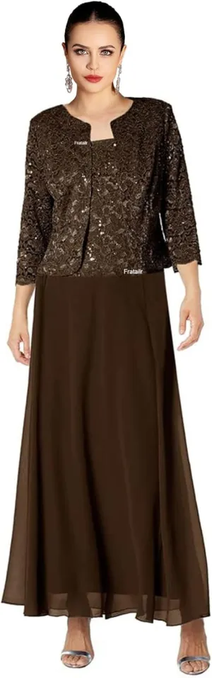 Lace Mother of The Bride Dresses with Jacket 2 Pieces Formal Evening Dress Long Chiffon Evening Gown