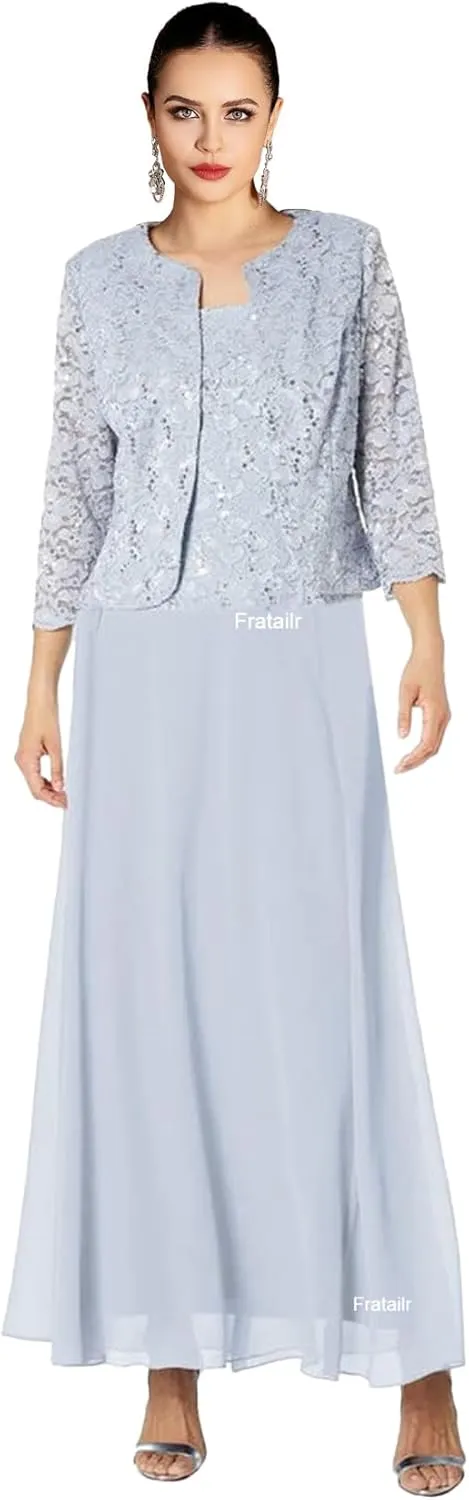 Lace Mother of The Bride Dresses with Jacket 2 Pieces Formal Evening Dress Long Chiffon Evening Gown