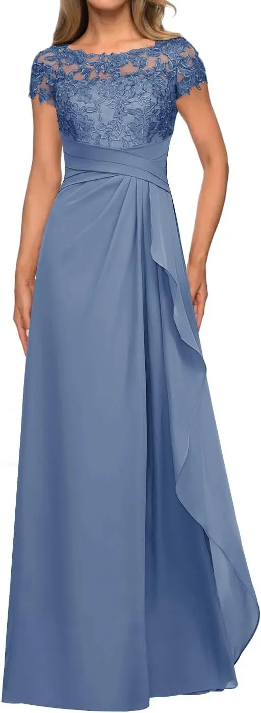 Lace Wedding Guest Dresses for Women Cap Sleeve Mother of The Bride Dresses Long Chiffon Formal Evening Gown