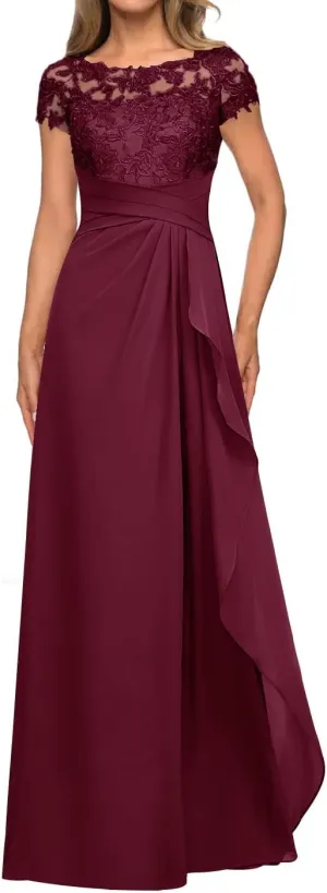 Lace Wedding Guest Dresses for Women Cap Sleeve Mother of The Bride Dresses Long Chiffon Formal Evening Gown