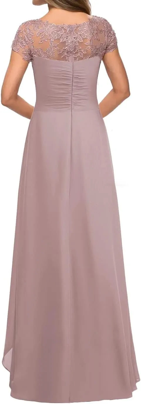 Lace Wedding Guest Dresses for Women Cap Sleeve Mother of The Bride Dresses Long Chiffon Formal Evening Gown