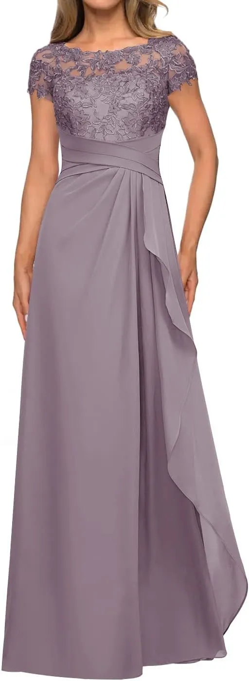 Lace Wedding Guest Dresses for Women Cap Sleeve Mother of The Bride Dresses Long Chiffon Formal Evening Gown