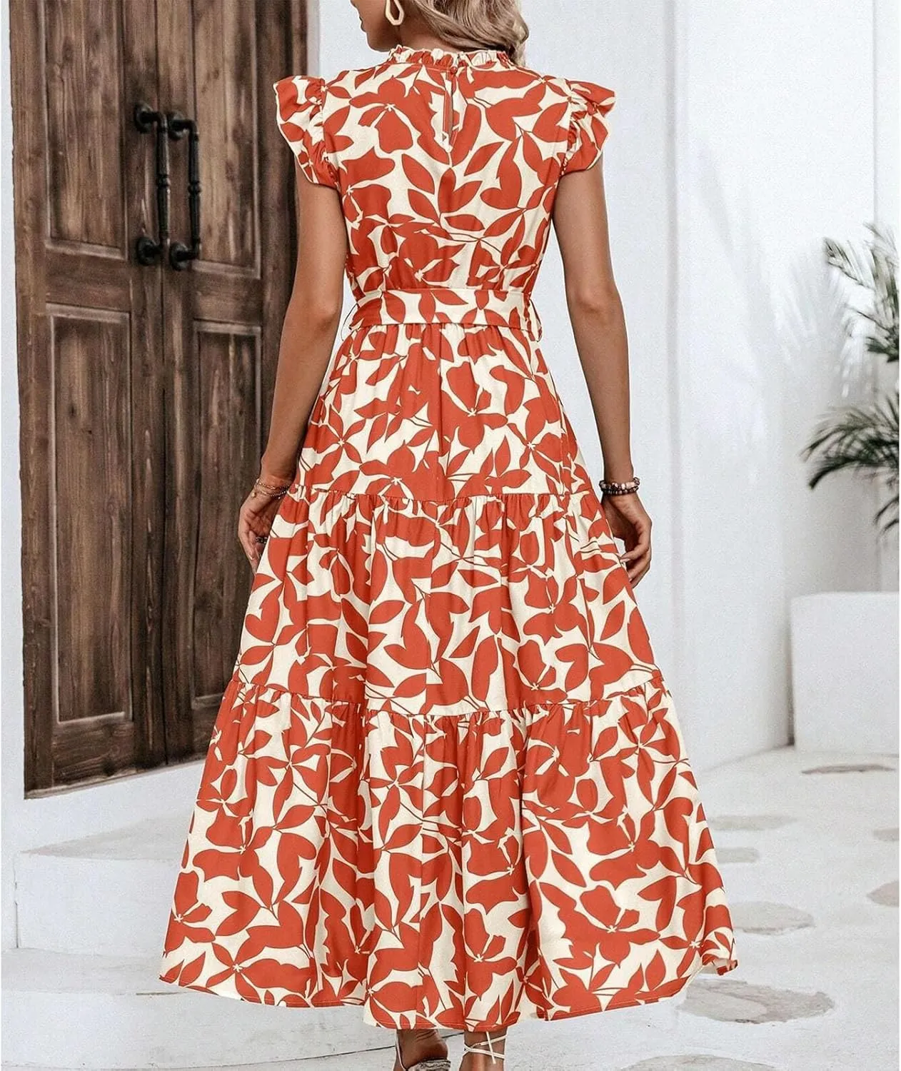 Lastesso Sundresses for Women 2024 Ruffle Cap Sleeve High Neck Dresses Trendy Printing Tie Summer Long Dress with Tie Waist