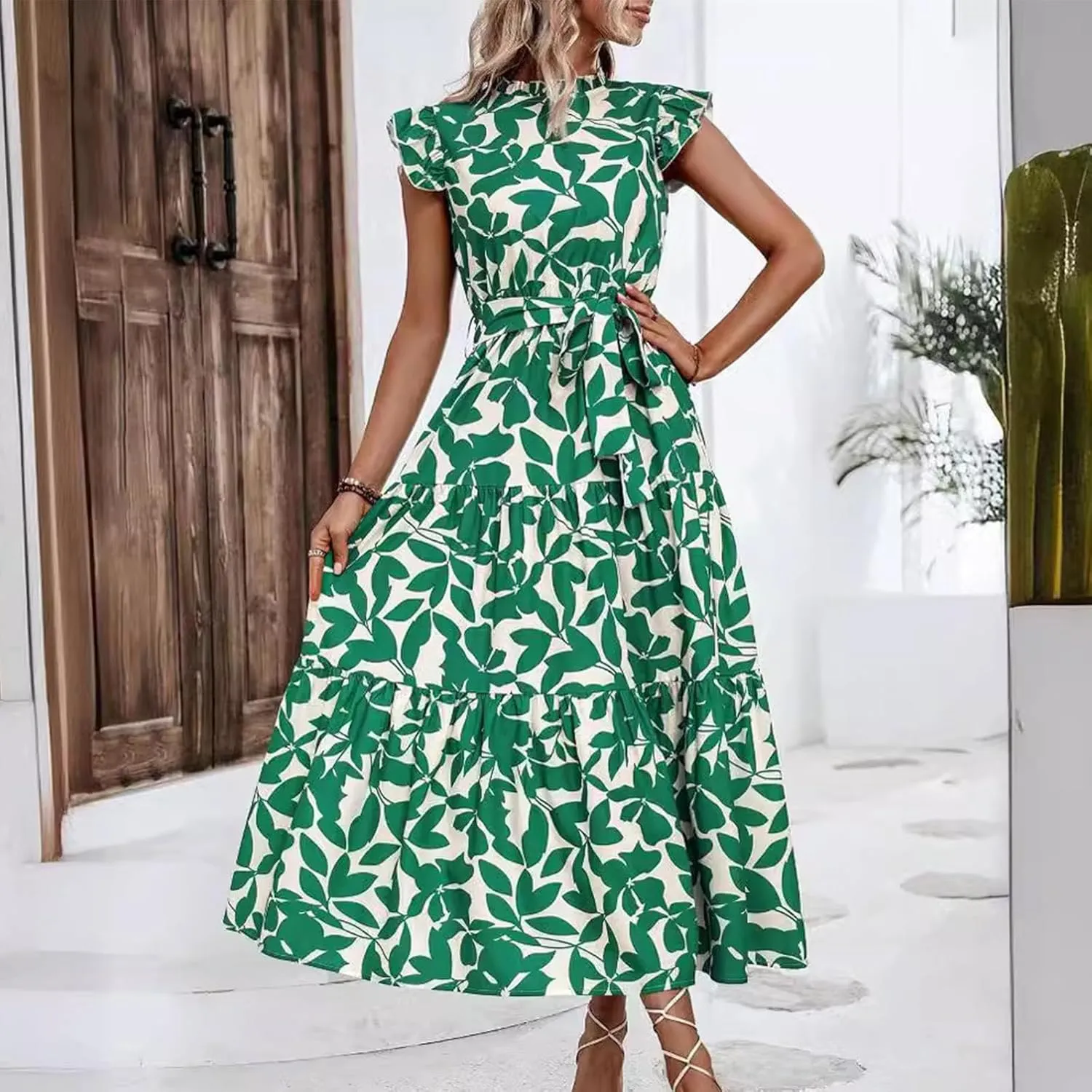 Lastesso Sundresses for Women 2024 Ruffle Cap Sleeve High Neck Dresses Trendy Printing Tie Summer Long Dress with Tie Waist