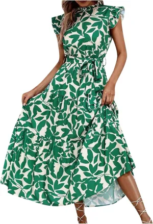 Lastesso Sundresses for Women 2024 Ruffle Cap Sleeve High Neck Dresses Trendy Printing Tie Summer Long Dress with Tie Waist