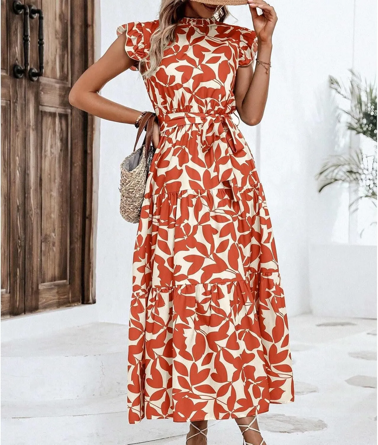 Lastesso Sundresses for Women 2024 Ruffle Cap Sleeve High Neck Dresses Trendy Printing Tie Summer Long Dress with Tie Waist