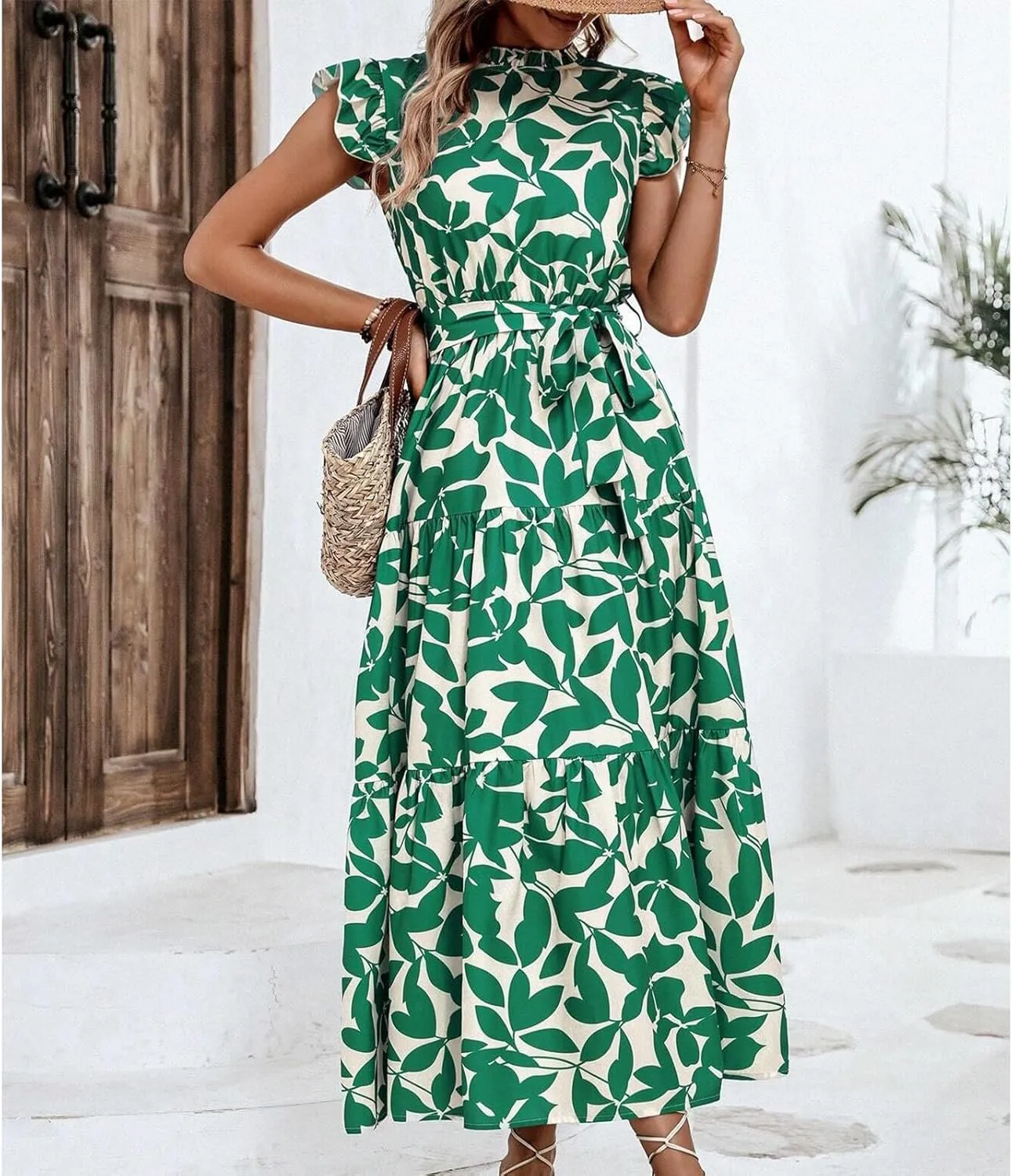 Lastesso Sundresses for Women 2024 Ruffle Cap Sleeve High Neck Dresses Trendy Printing Tie Summer Long Dress with Tie Waist