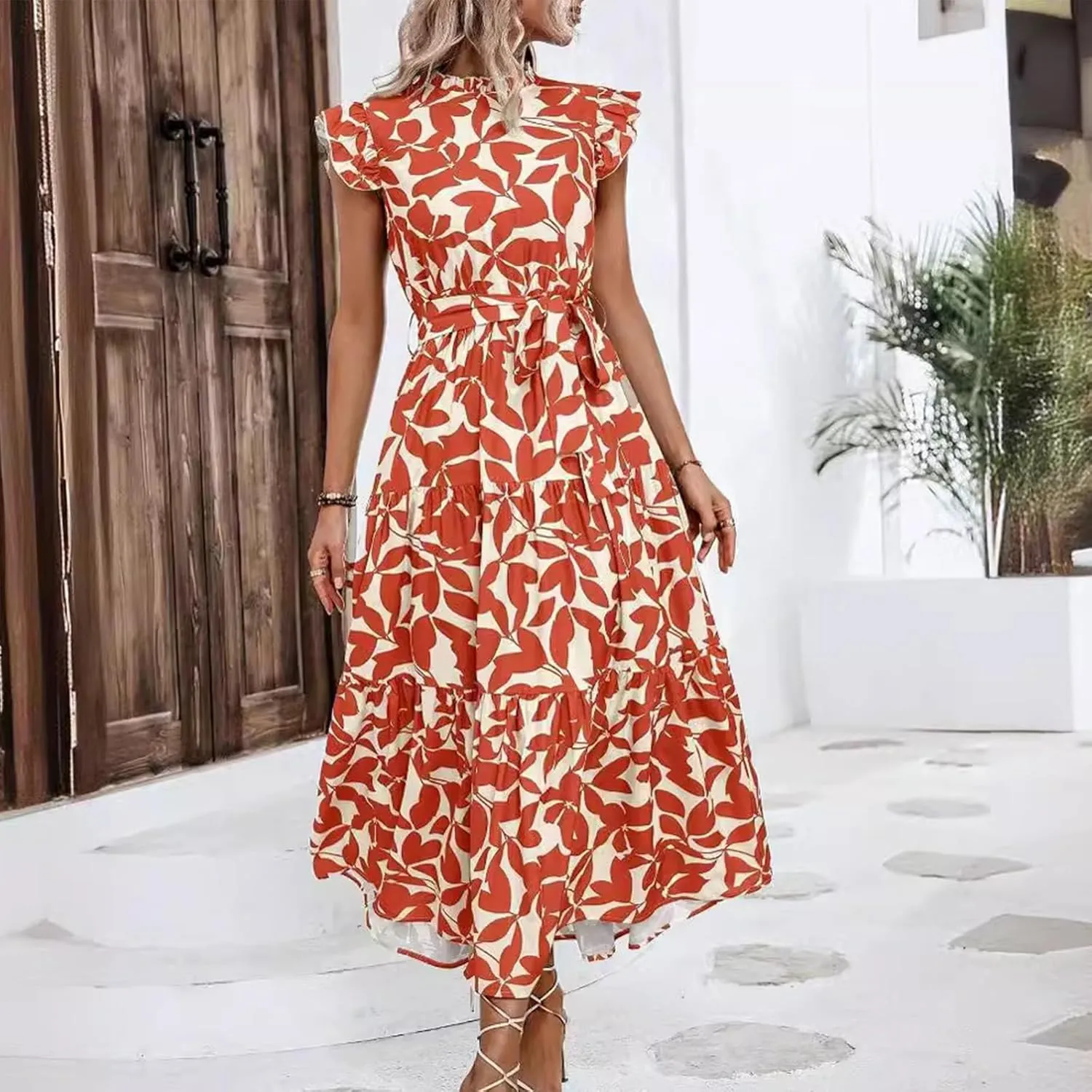 Lastesso Sundresses for Women 2024 Ruffle Cap Sleeve High Neck Dresses Trendy Printing Tie Summer Long Dress with Tie Waist