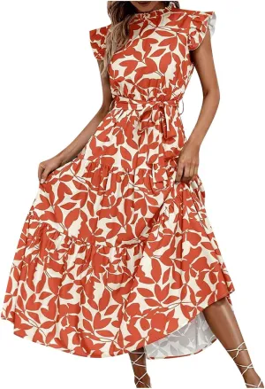 Lastesso Sundresses for Women 2024 Ruffle Cap Sleeve High Neck Dresses Trendy Printing Tie Summer Long Dress with Tie Waist