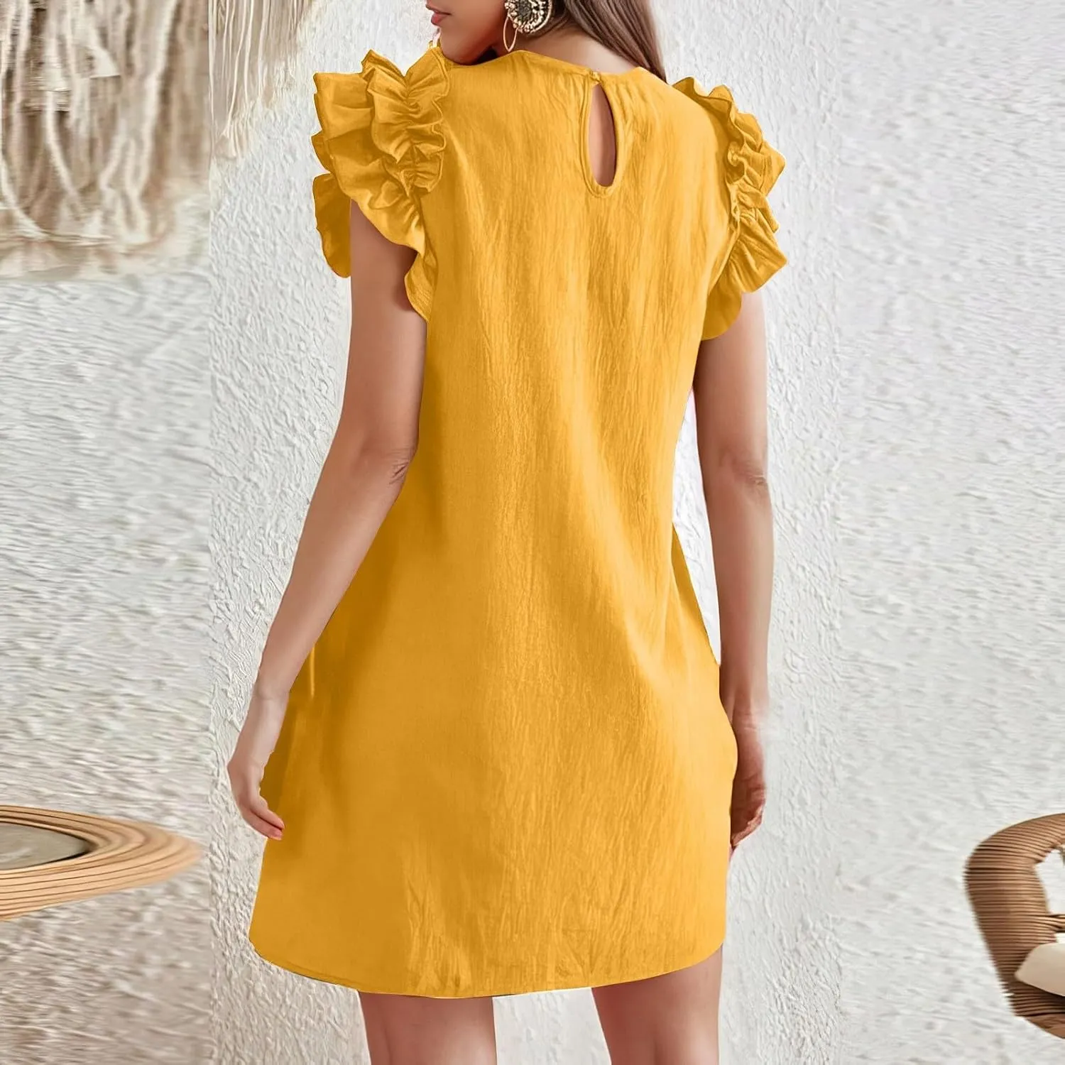 lcyhony Tshirt Dress Women Casual Summer Mini Ruffle Sleeve Crewneck Linen Dresses Loose fit Fashion Beach Vacation Sundress