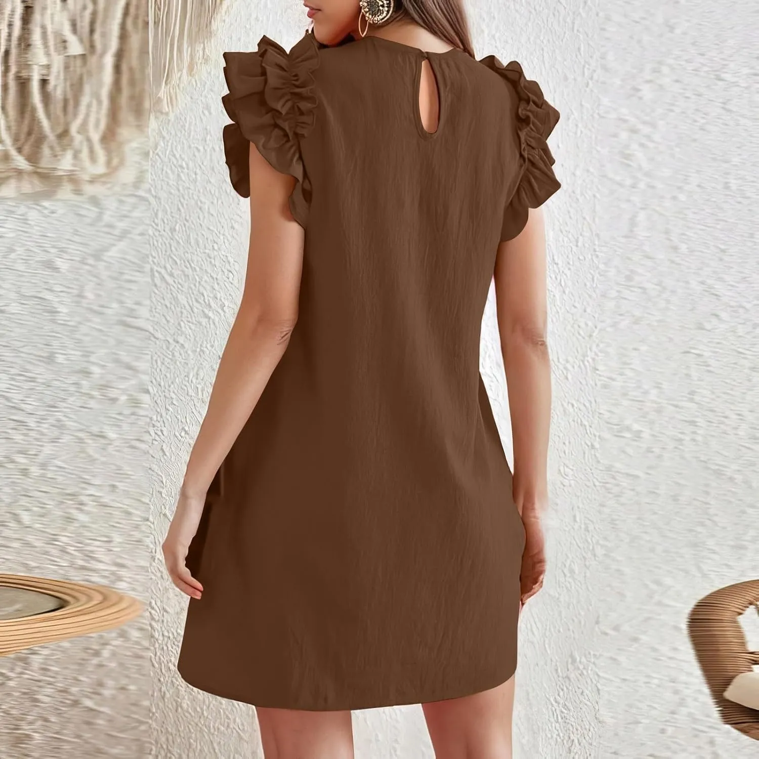 lcyhony Tshirt Dress Women Casual Summer Mini Ruffle Sleeve Crewneck Linen Dresses Loose fit Fashion Beach Vacation Sundress