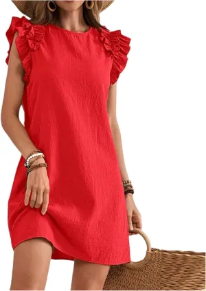 lcyhony Tshirt Dress Women Casual Summer Mini Ruffle Sleeve Crewneck Linen Dresses Loose fit Fashion Beach Vacation Sundress