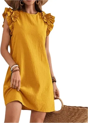 lcyhony Tshirt Dress Women Casual Summer Mini Ruffle Sleeve Crewneck Linen Dresses Loose fit Fashion Beach Vacation Sundress