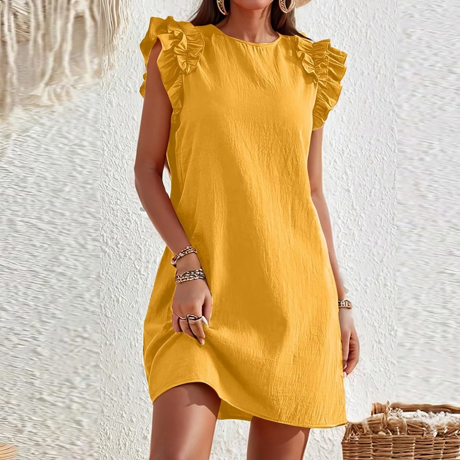 lcyhony Tshirt Dress Women Casual Summer Mini Ruffle Sleeve Crewneck Linen Dresses Loose fit Fashion Beach Vacation Sundress